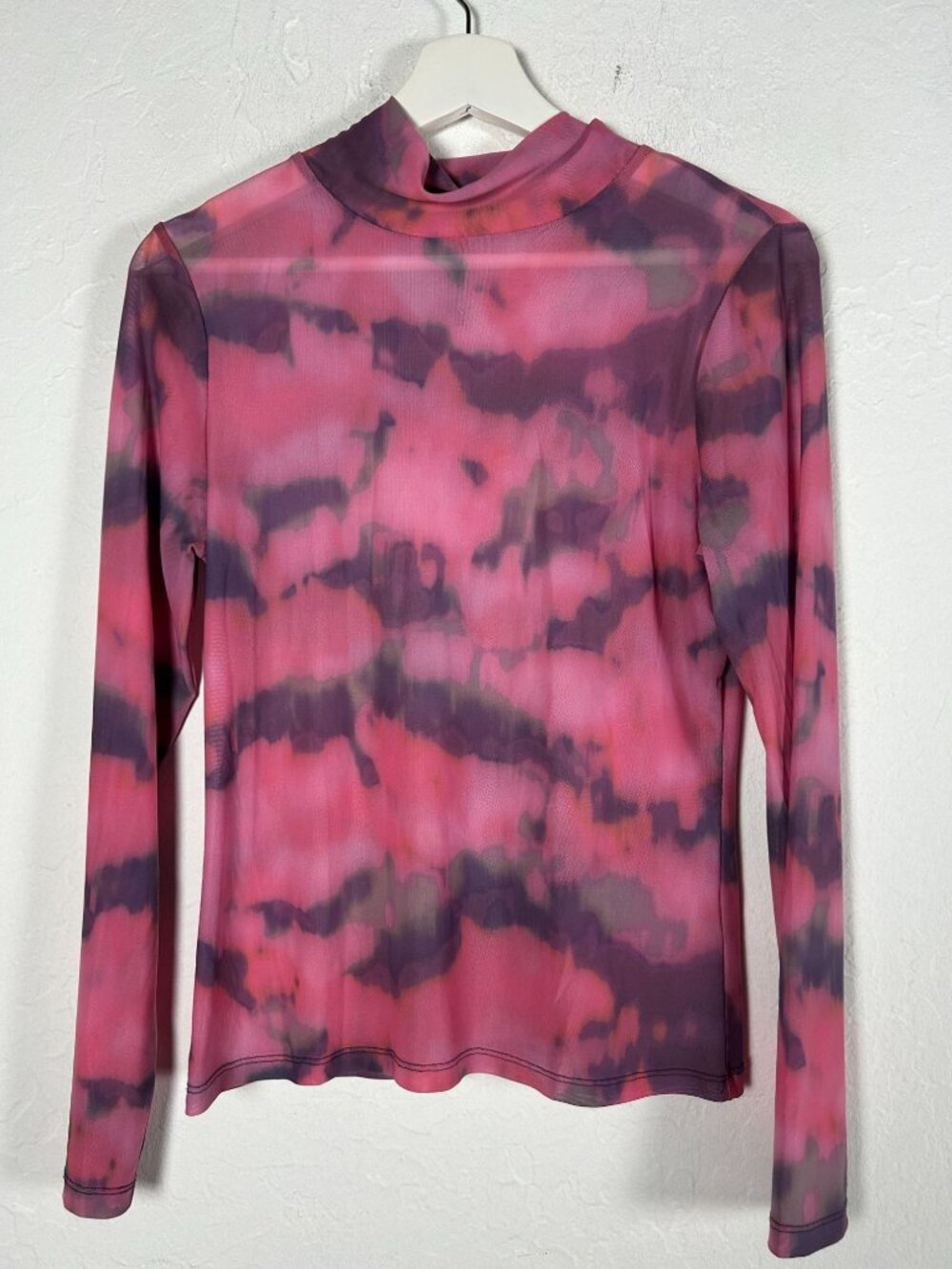 By Anthropologie Women Tie-Dye Mesh Turtleneck Top Long Sleeve Pink Purple Small